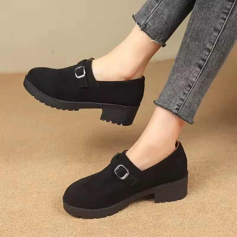 Women's Stylish Buckle Loafers with Thick Heel