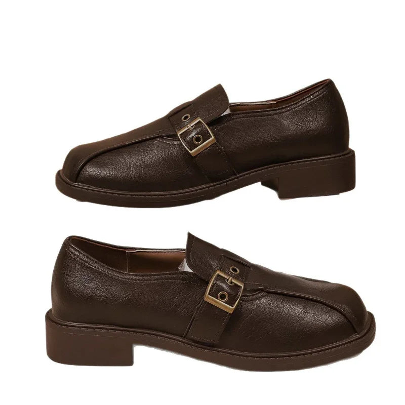 Women's Wide Toe Box Leather Loafers Buckle
