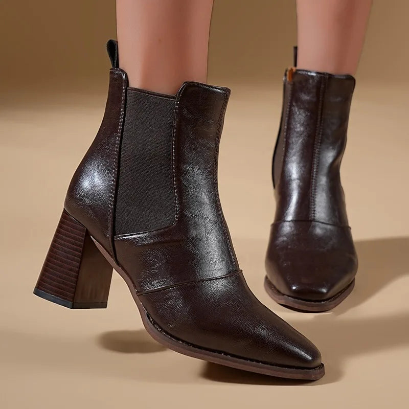 High Heel Booties Square Toe Block Heel 5