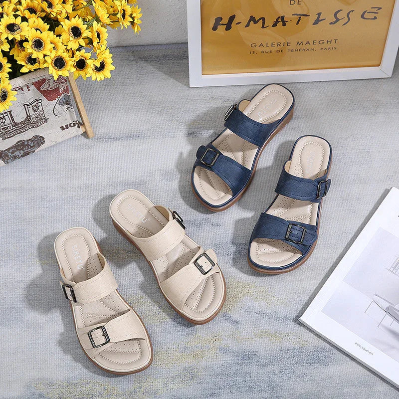 Women's Buckle Strap Wedge Slippers with Open Toe