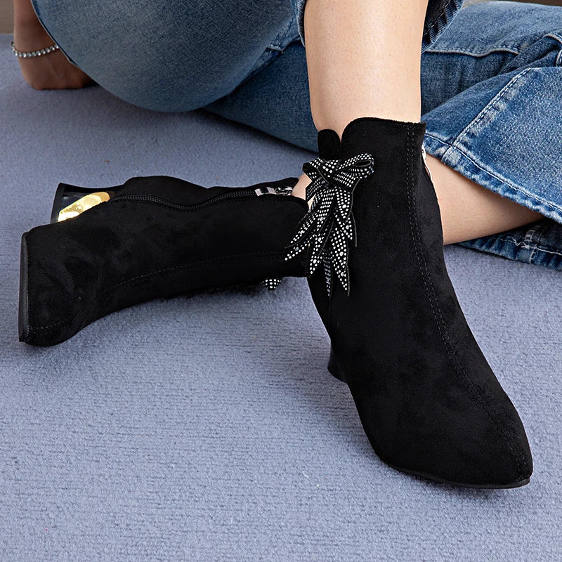 Womens Pointed Toe Ankle Boots Chunky Heel 1
