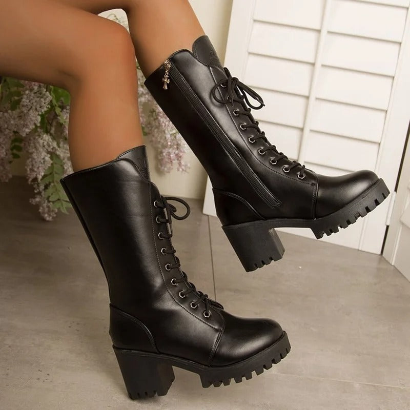 Women’s Lace-Up Block Heel Mid-Calf Boots