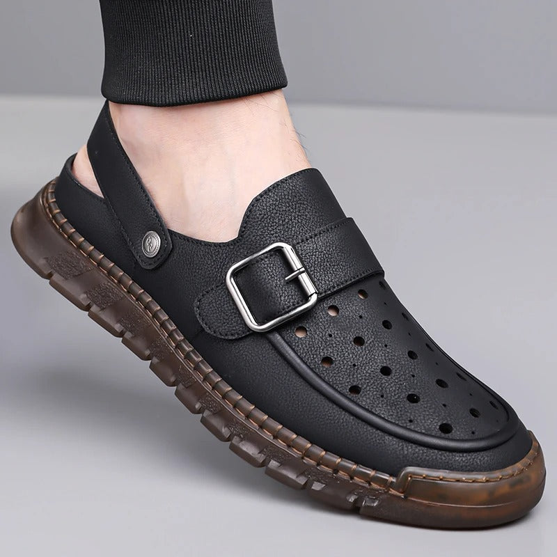 Men's Cowhide Leather Hollow Out Flat Sandals
