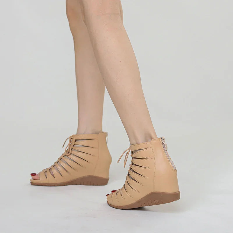 Hollow Wedge Sandals with Back Zipper - 4cm Heel