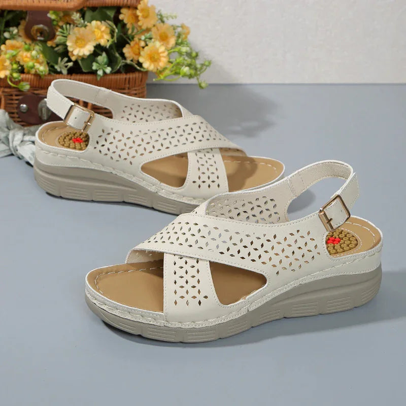 Cross Strap Wedge Sandals with Adjustable Buckle