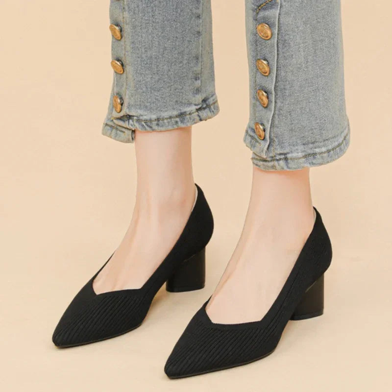 Stylish Flyknit Pointed-Toe Pumps with Square Heel