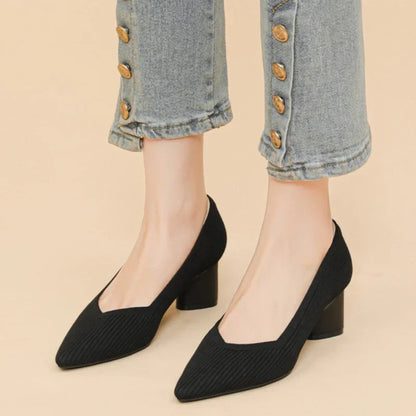 Stylish Flyknit Pointed-Toe Pumps with Square Heel