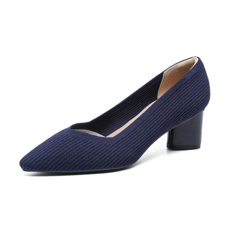 Stylish Flyknit Pointed-Toe Pumps with Square Heel