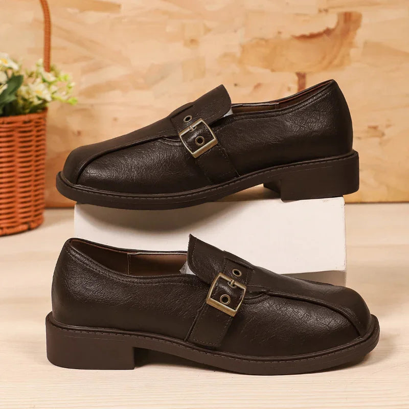 Women's Wide Toe Box Leather Loafers Buckle