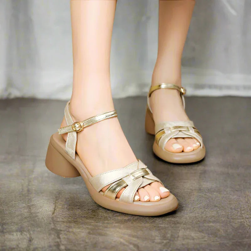 Elegant Cowhide Sandals with Low Heel & Buckle Closure