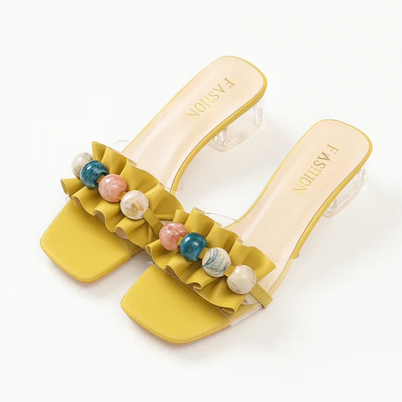 Sophisticated Clear Block-Heel Slide Sandals with Decorative Beads