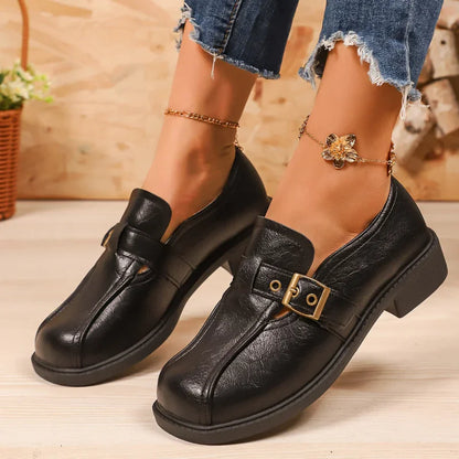 Women's Wide Toe Box Leather Loafers Buckle