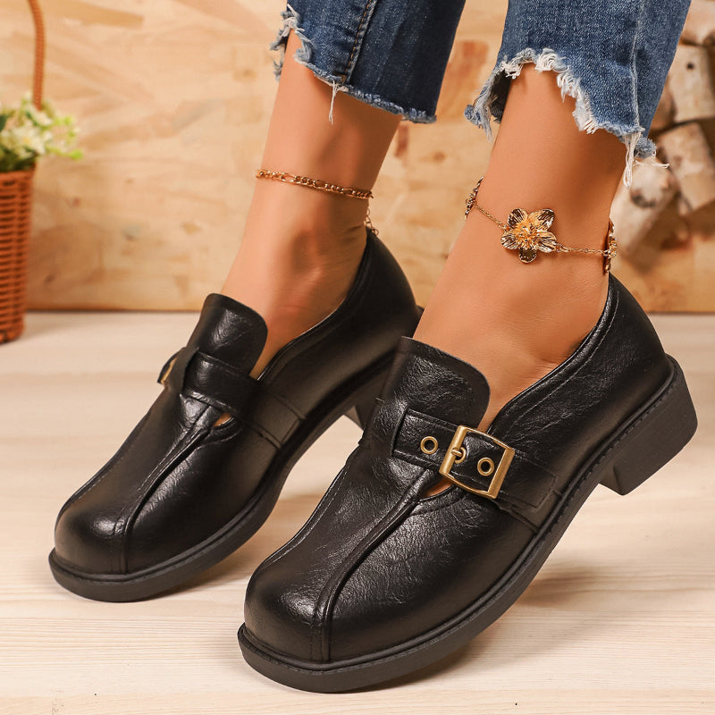 Women’s Leather Loafers with Buckle Accent and Classic Slip-On Comfort