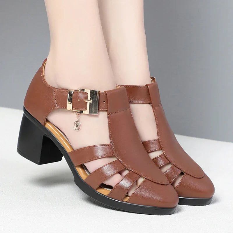 Chic Hollow-Out Heeled Sandals with Ankle Strap & Charm