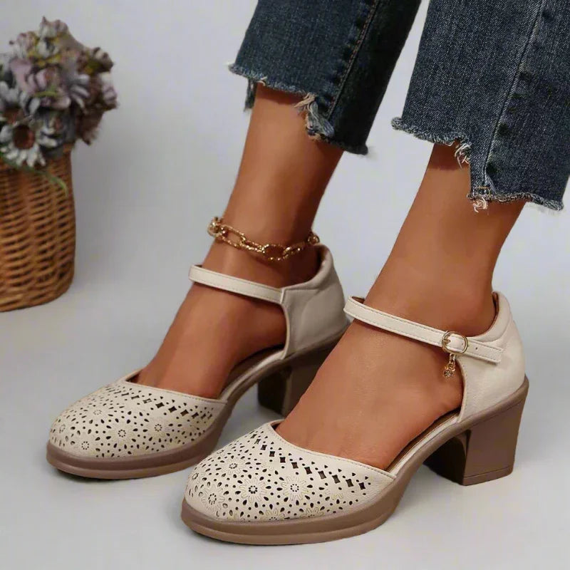 Retro Mid Heels with Arch Support & Floral Cutouts