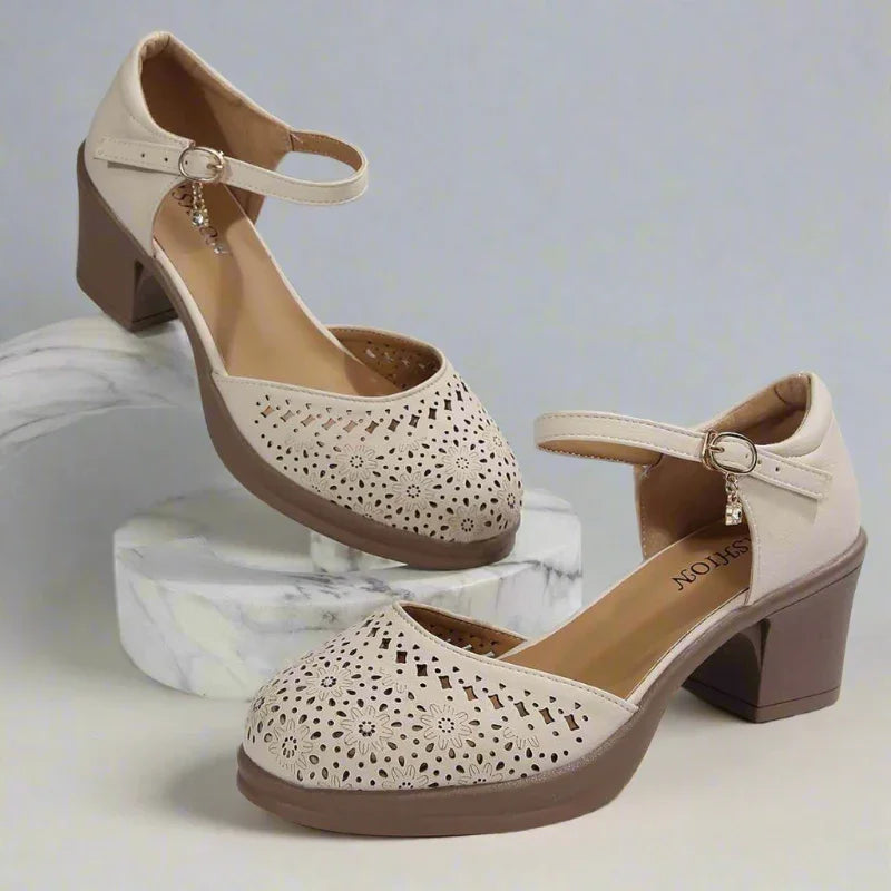 Retro Mid Heels with Arch Support & Floral Cutouts