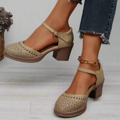 Retro Mid Heels with Arch Support & Floral Cutouts