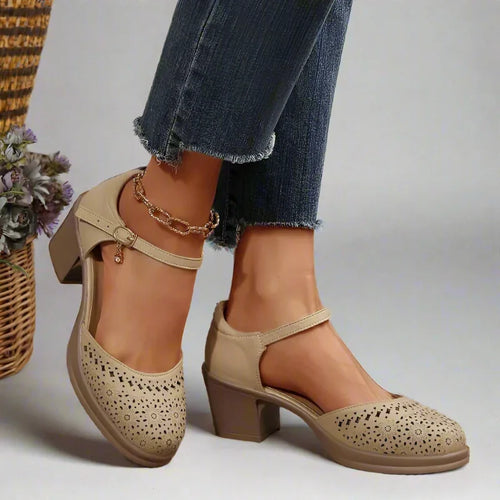Retro Mid Heels with Arch Support & Floral Cutouts