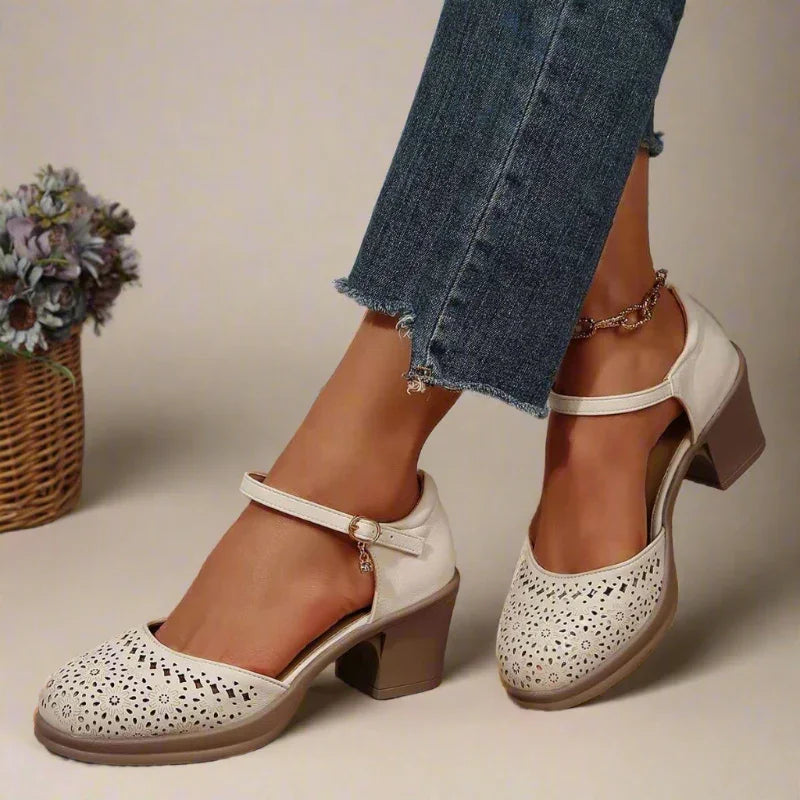Retro Mid Heels with Arch Support & Floral Cutouts
