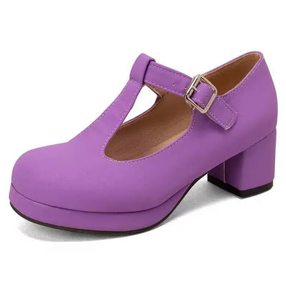Plus Size Bunion Pumps - T-Strap Platform, Round Toe, Block Heel