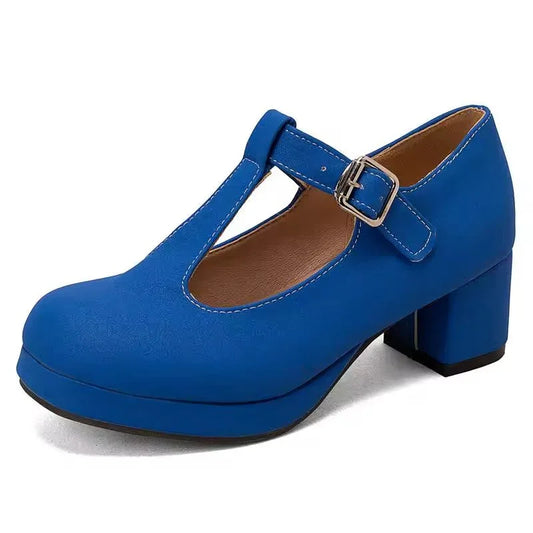 Plus Size Platform T-Strap Pumps with Thick Heels