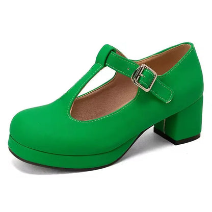 Plus Size Bunion Pumps - T-Strap Platform, Round Toe, Block Heel