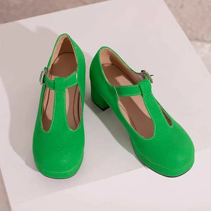 Plus Size Bunion Pumps - T-Strap Platform, Round Toe, Block Heel