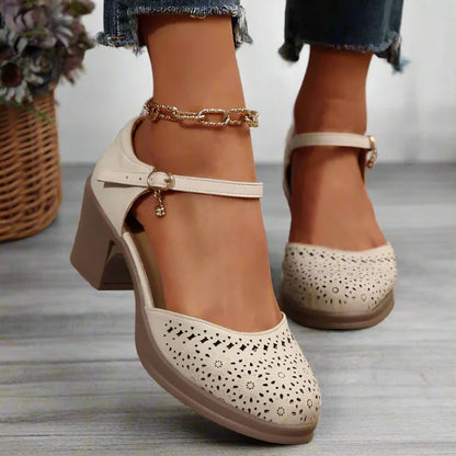 Retro Mid Heels with Arch Support & Floral Cutouts