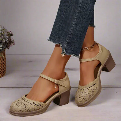 Retro Mid Heels with Arch Support & Floral Cutouts