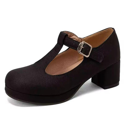 Plus Size Bunion Pumps - T-Strap Platform, Round Toe, Block Heel
