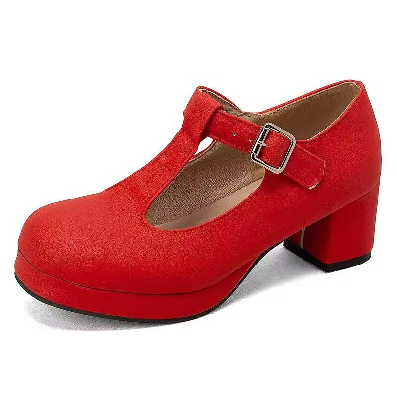 Plus Size Bunion Pumps - T-Strap Platform, Round Toe, Block Heel