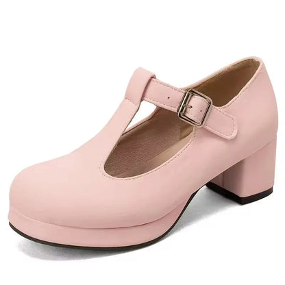Plus Size Bunion Pumps - T-Strap Platform, Round Toe, Block Heel