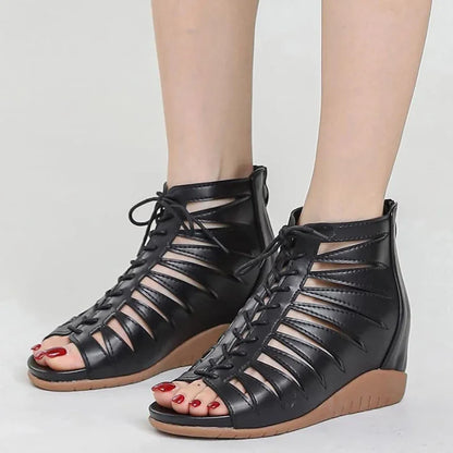 Hollow Wedge Sandals with Back Zipper - 4cm Heel