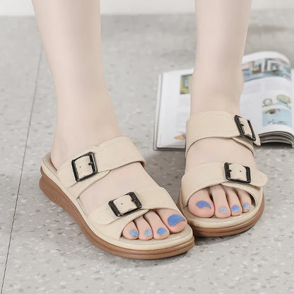 Women's Buckle Strap Wedge Slippers with Open Toe