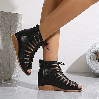 Hollow Wedge Sandals with Back Zipper - 4cm Heel