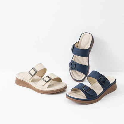 Women's Buckle Strap Wedge Slippers with Open Toe