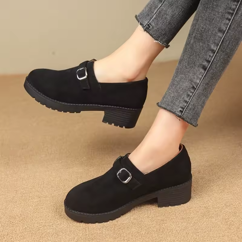 Stylish Buckle Loafers with Thick Heel for All-Day Wear