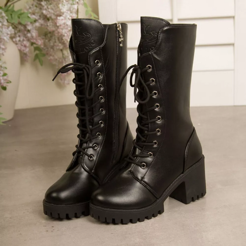 Women’s Lace-Up Block Heel Mid-Calf Boots