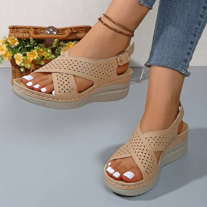 Cross Strap Wedge Sandals with Adjustable Buckle