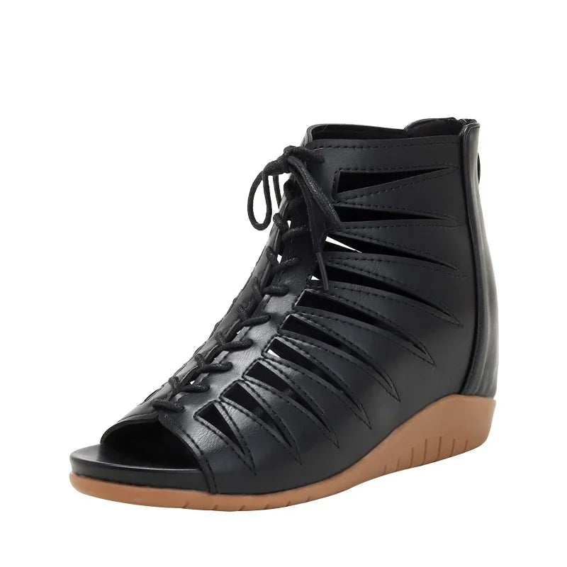 Hollow Wedge Sandals with Back Zipper - 4cm Heel