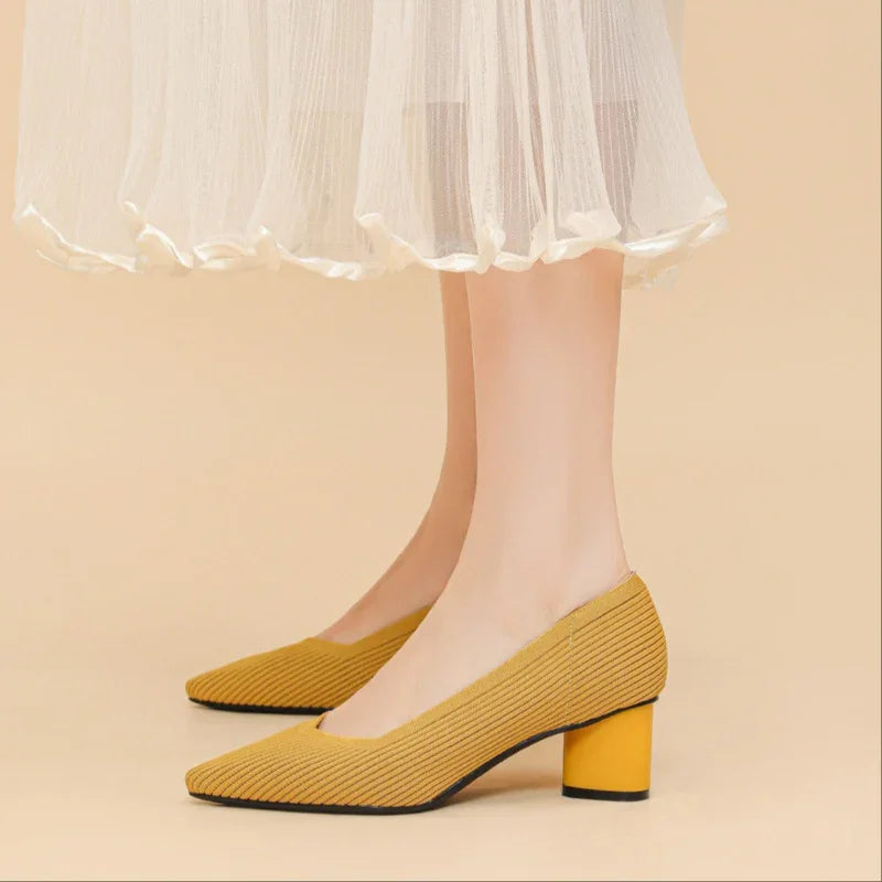 Stylish Flyknit Pointed-Toe Pumps with Square Heel