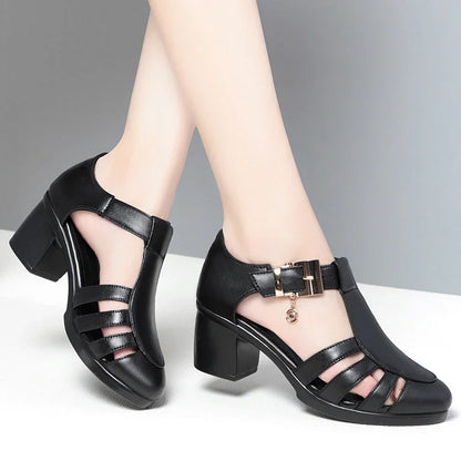 Chic Hollow-Out Heeled Sandals with Ankle Strap & Charm