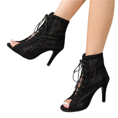 Women's Lace Up Heeled Sandals with Mesh Upper