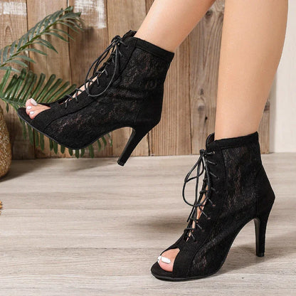 Women's Lace Up Heeled Sandals with Mesh Upper