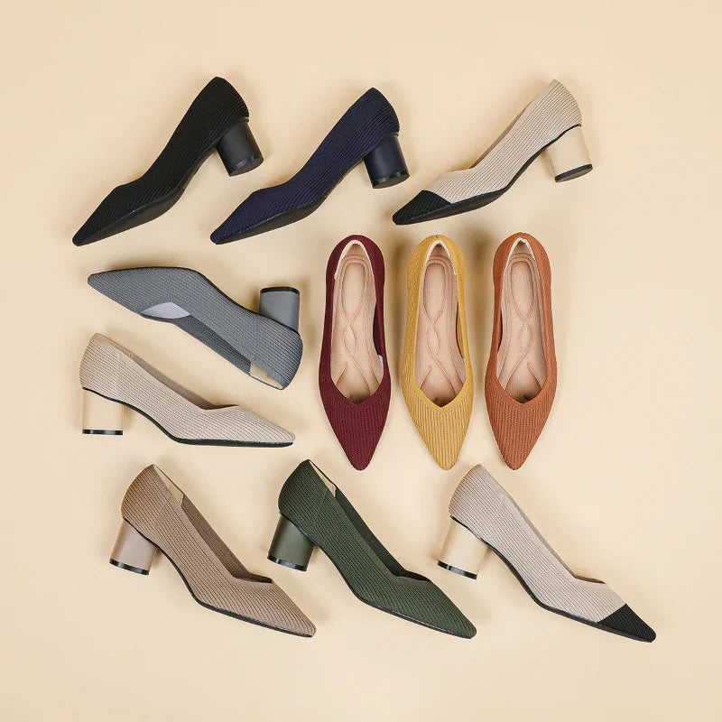 Stylish Flyknit Pointed-Toe Pumps with Square Heel