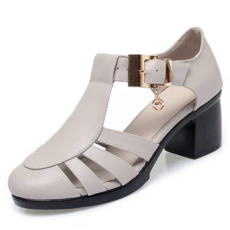 Chic Hollow-Out Heeled Sandals with Ankle Strap & Charm
