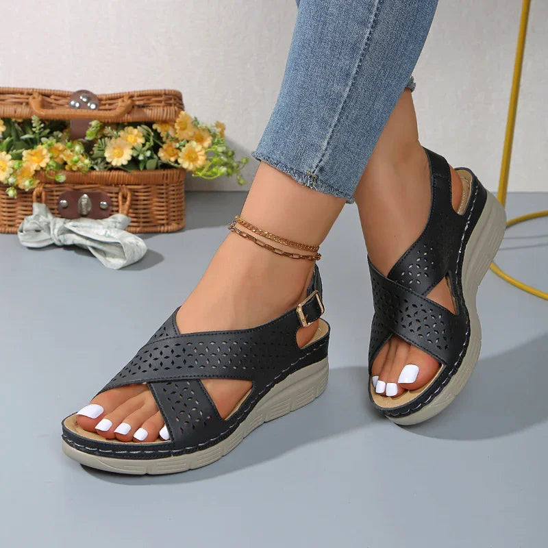 Cross Strap Wedge Sandals with Adjustable Buckle