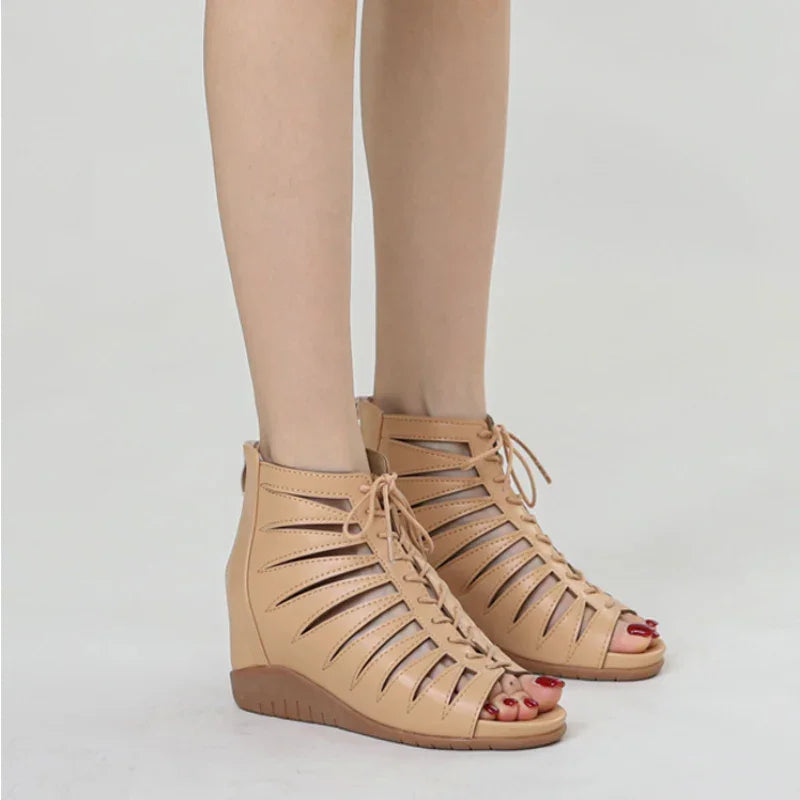Hollow Wedge Sandals with Back Zipper - 4cm Heel
