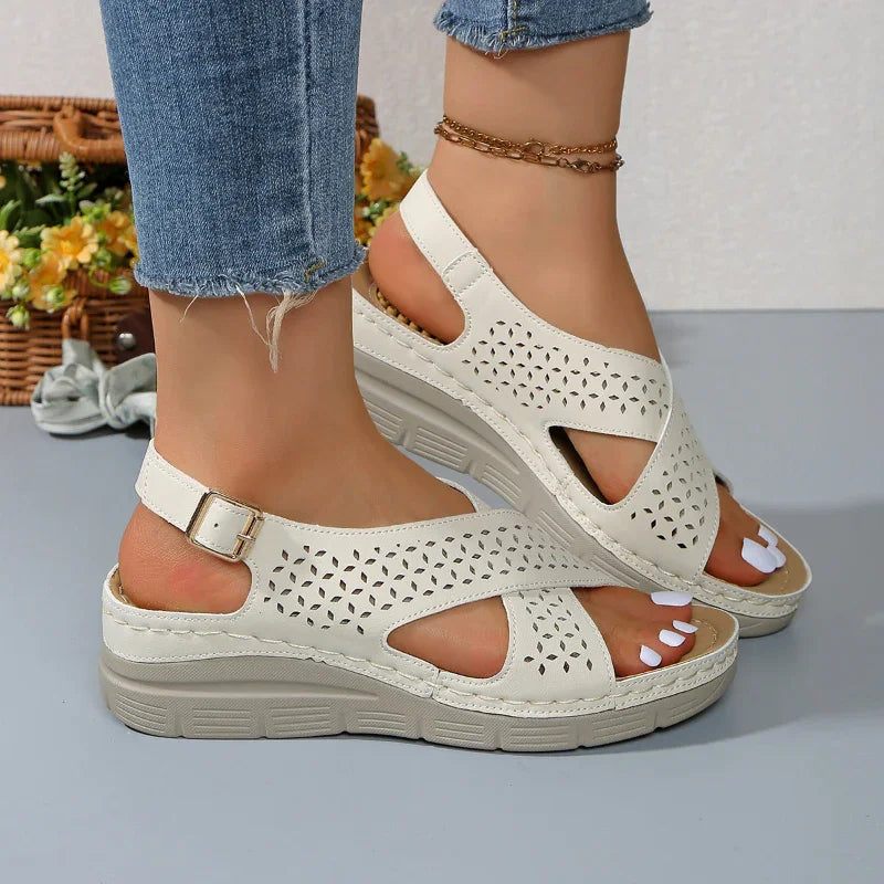 Cross Strap Wedge Sandals with Adjustable Buckle