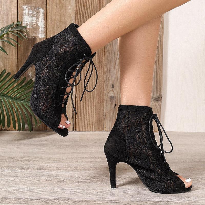 Women's Lace Up Heeled Sandals with Mesh Upper